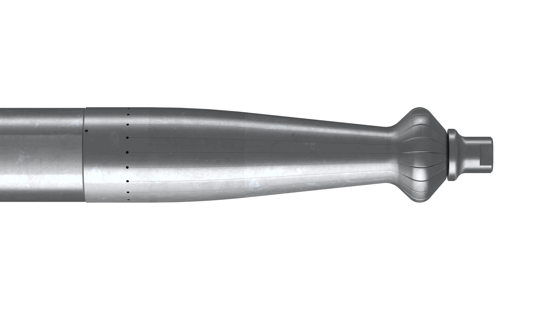 Side view of a Welltec tool with a metallic body and a detailed, tapered end for precision downhole operations.