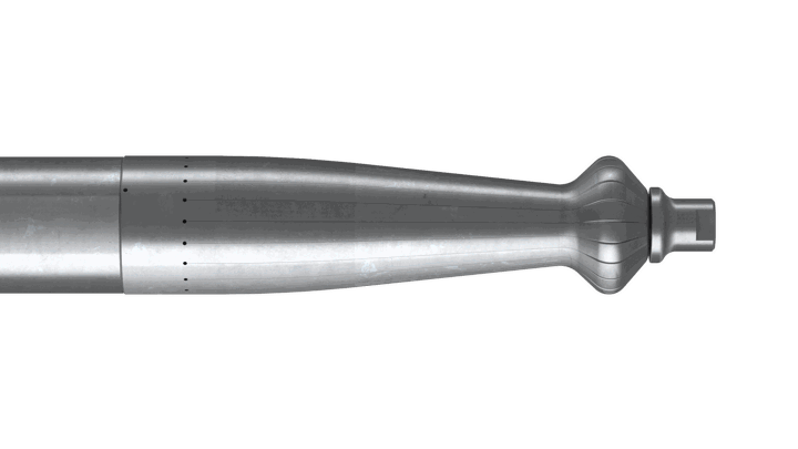 Side view of a Welltec tool with a metallic body and a detailed, tapered end for precision downhole operations.