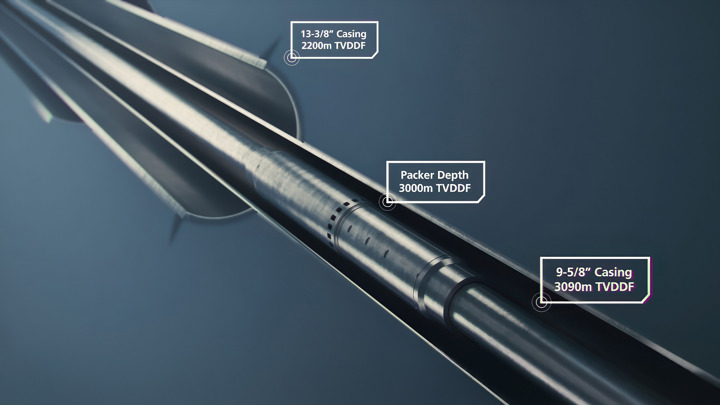 3D illustration showing dual 1214WAB packers in a sidetracked wellbore to provide cement assurance between casing and formation layers.