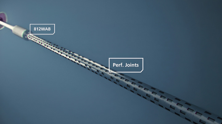 Digital rendering of a downhole 812 Welltec Annular Barrier (WAB) installed ahead of perforated joints for effective zonal isolation in a horizontal well.