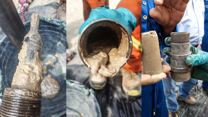 Recovered debris and obstructed tubing from a downhole obstruction identified using the Well Miller RCB