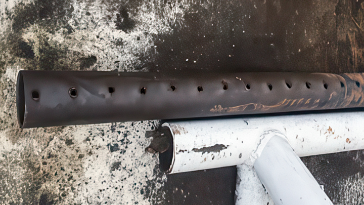 Metal pipe with several precision-punched holes, showing an accurate cut completed in six minutes during a well intervention operation.