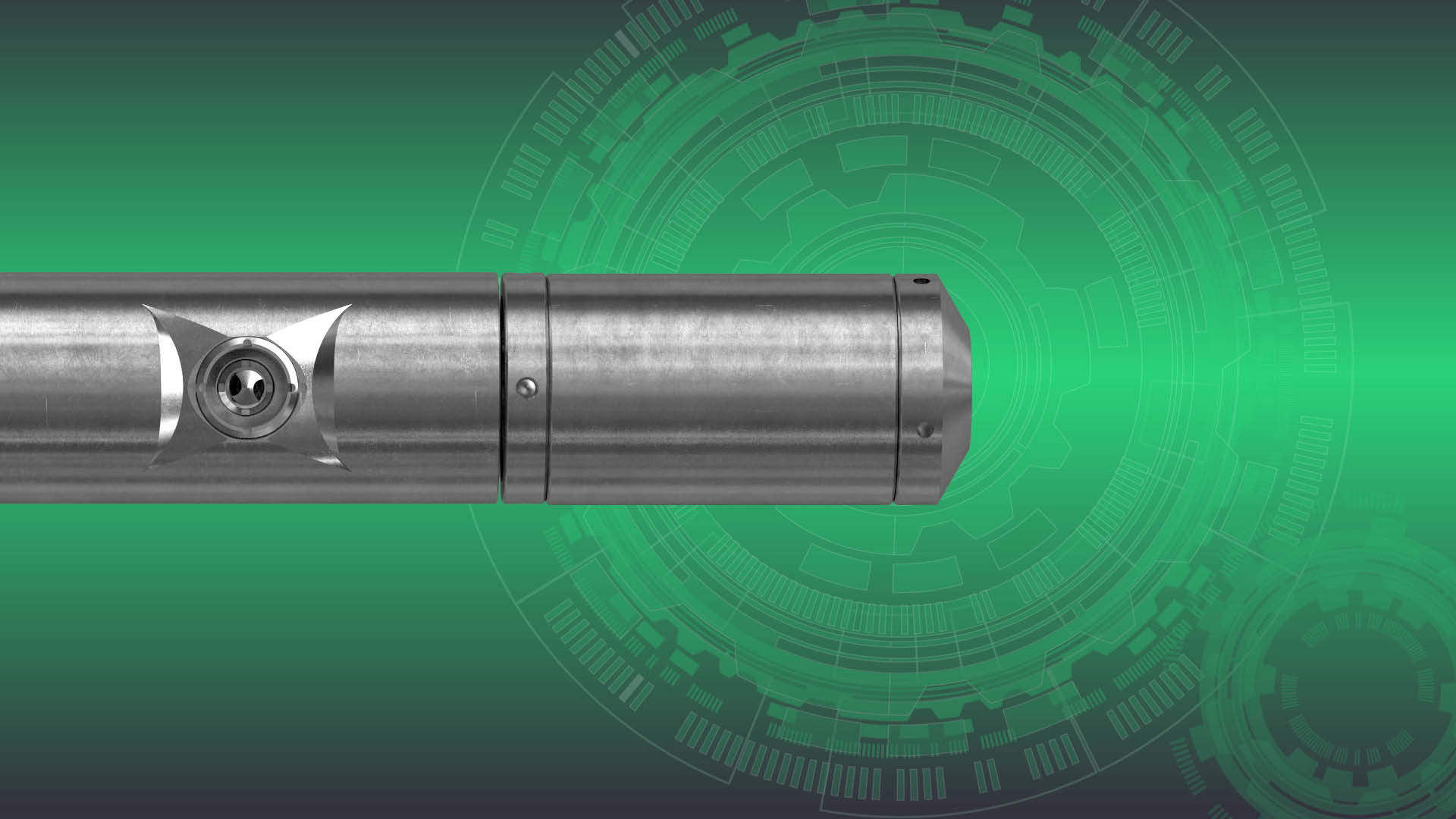 Welltec tool with a metallic body, highlighted with a green digital background, designed for advanced downhole applications.