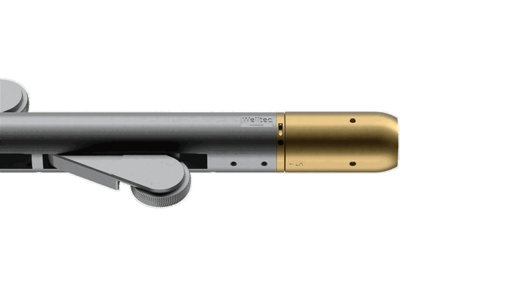 Coiled Tubing Well Tractor tool with a metallic body and gold-colored end piece, designed for precise downhole interventions.