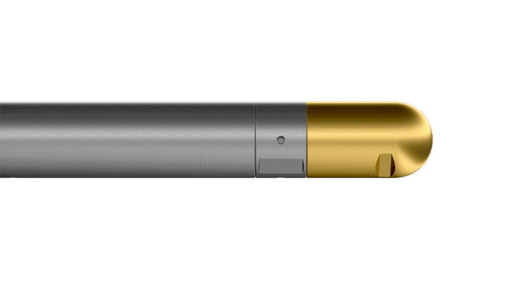 Welltec Pressure Temperature Tool (WPT) with a metallic body and gold-colored end piece, designed for precise downhole measurements.