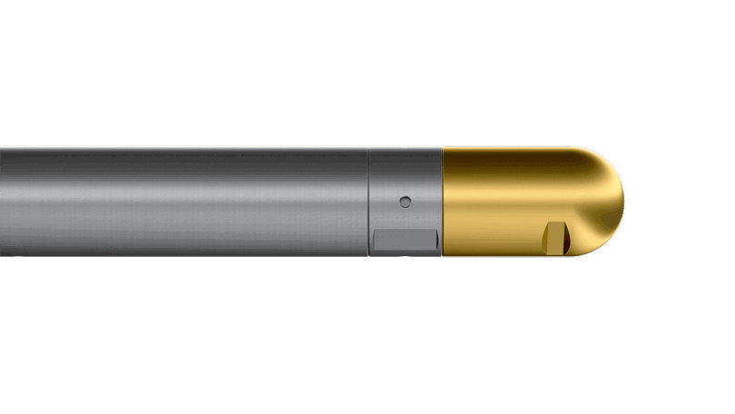 Welltec Pressure Temperature Tool (WPT) with a metallic body and gold-colored end piece, designed for precise downhole measurements.