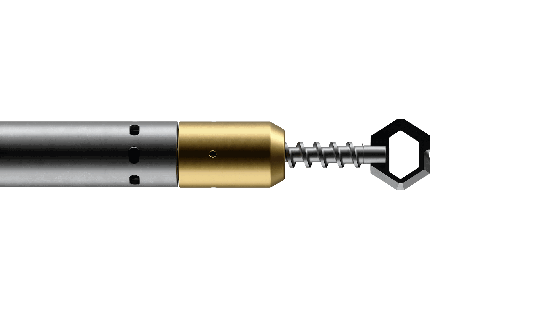 Well Cleaner Dry Environment tool with a metallic body, gold-colored section, and helical screw for efficient cleaning operations.