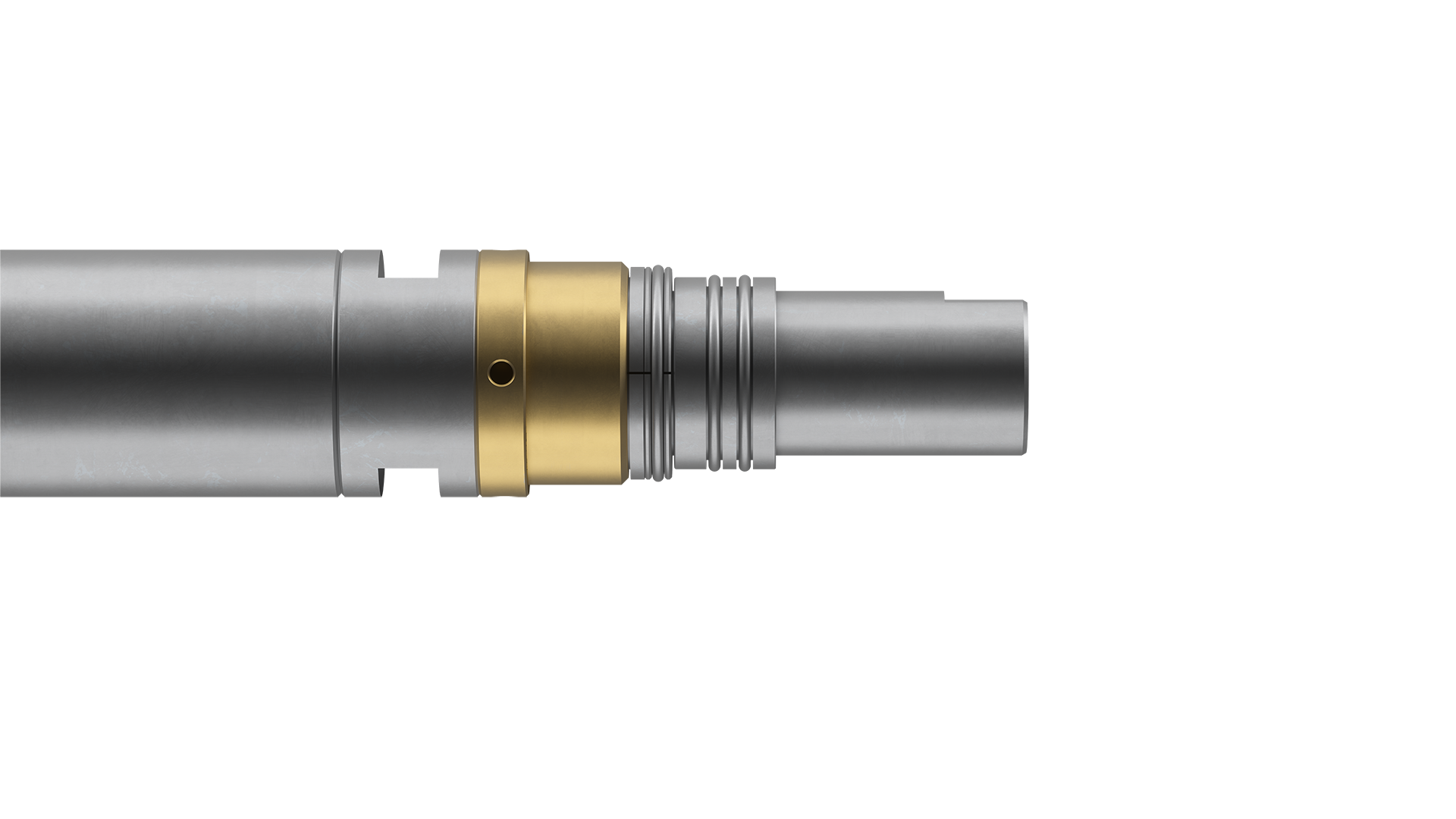 Close-up view of a Welltec tool with metallic body, gold-colored ring, and precise engineering for downhole operations.