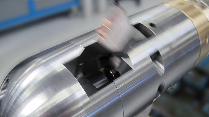 Close-up of a high-speed well cutter tool, designed to cut stuck tubulars quickly during operations in Canada.