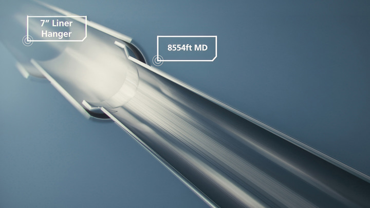 Illustration showing a 7” liner hanger at 8554 ft MD, where an 812 WAB isolates losses in an extended reach well before drilling in the Middle East