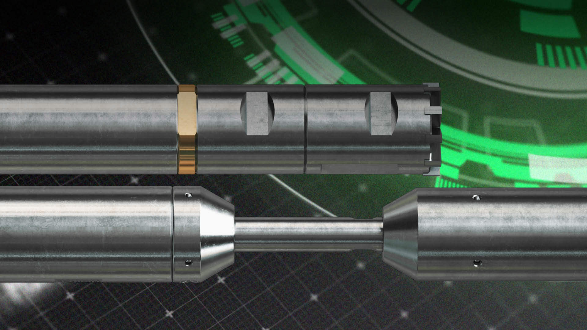 Close-up view of Welltec tool components, showing a joint connector and digital interface elements in the background.