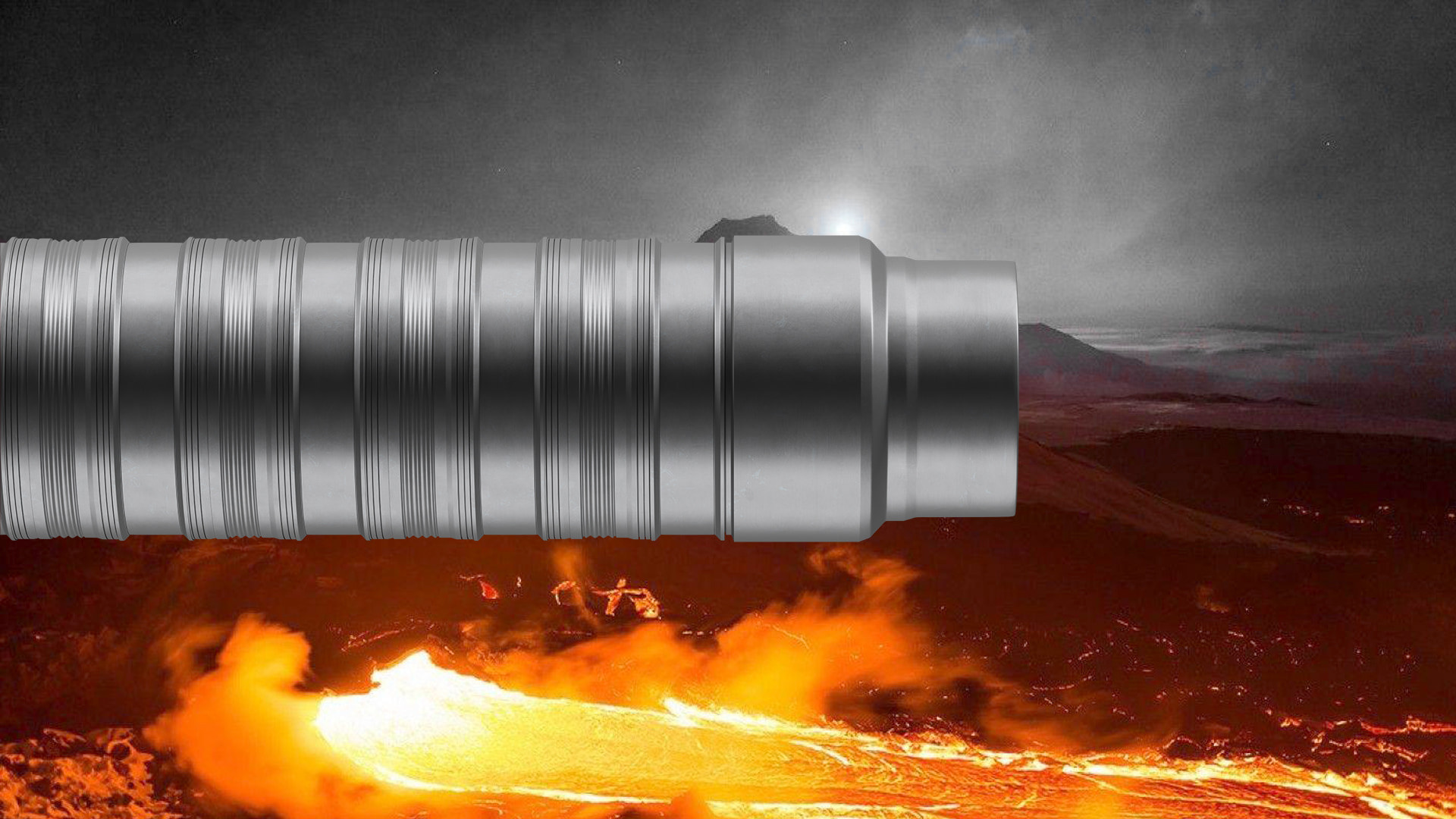 A close-up of a WAB with ridged grooves, extending horizontally. The background is fiery, with orange and red lava and a smoky sky.