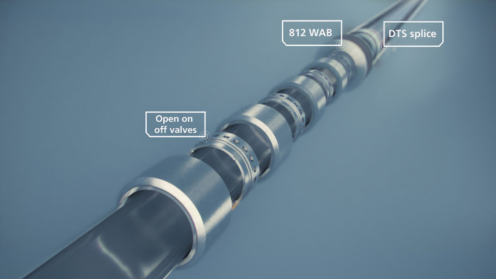 Rendered image of a wellbore assembly showing labeled components including 812 WAB, DTS splice, and open on/off valves for fiber optic feedthrough.